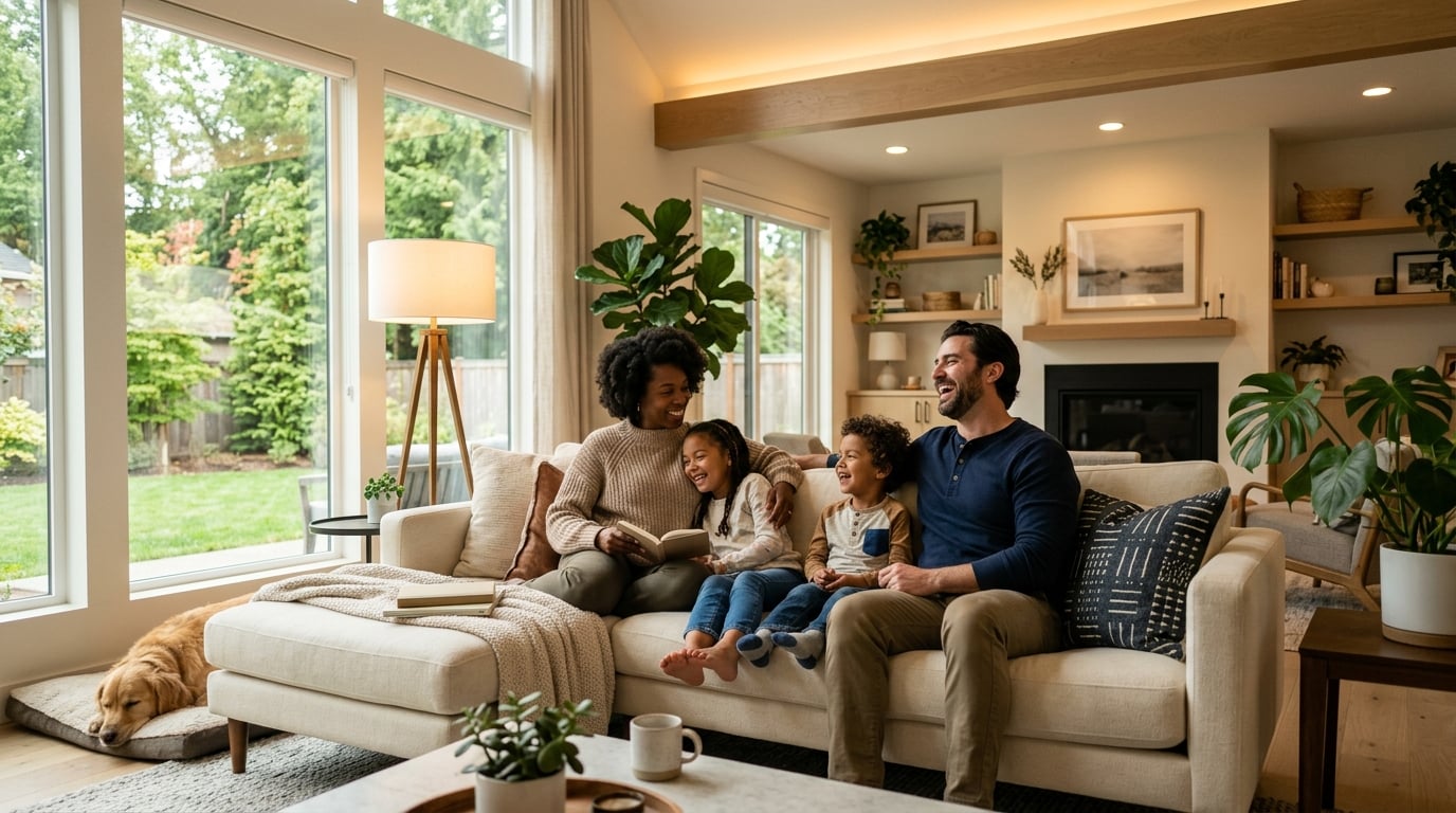 A relaxed family together in a bright, comfortable home